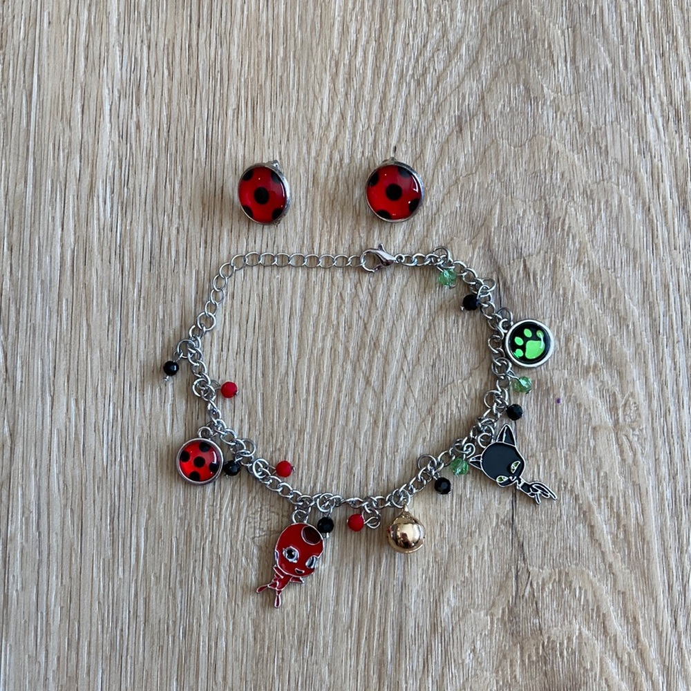 Ladybug bracelet and clip on earrings